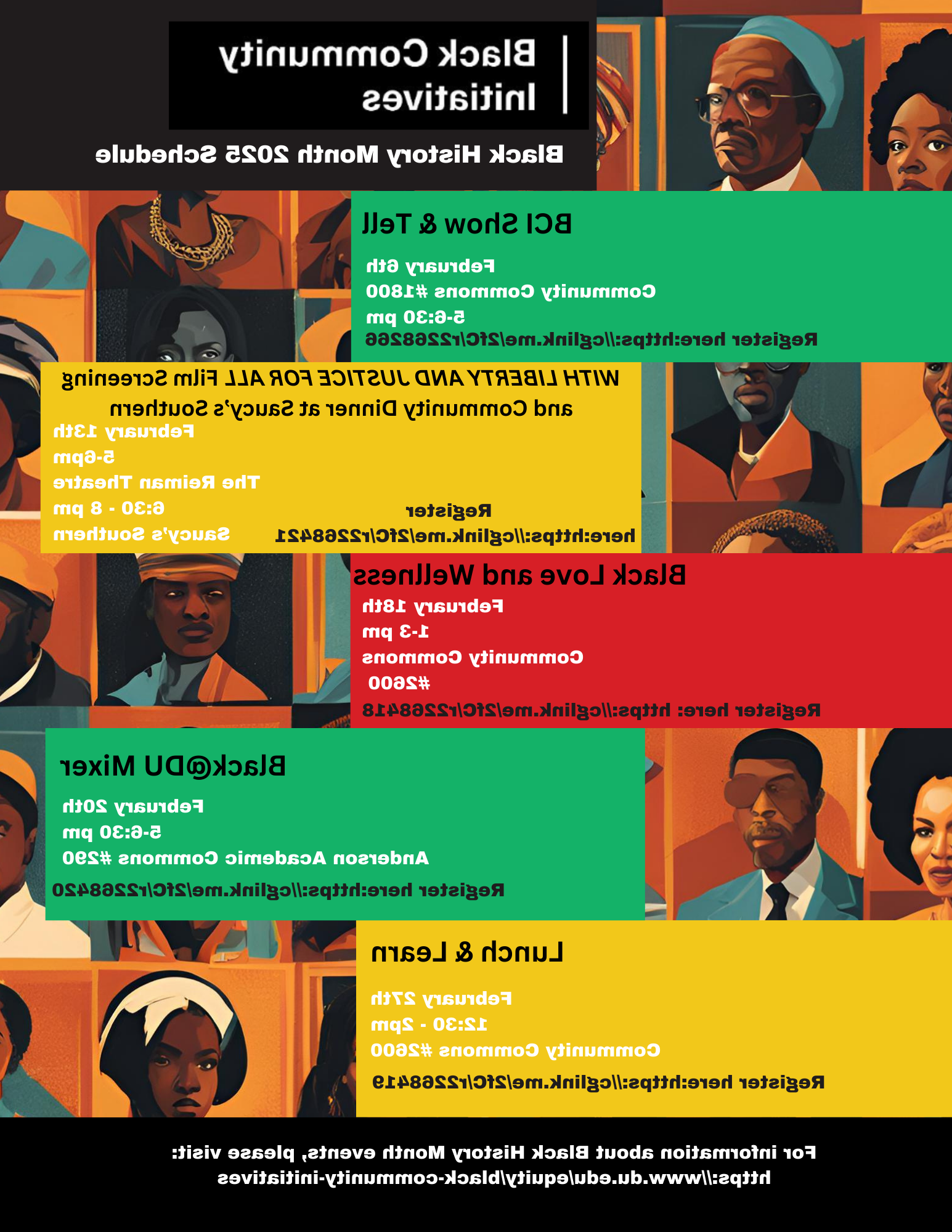 BHM 2025 Flyer: Art of diverse black people amidst the month's event schedule