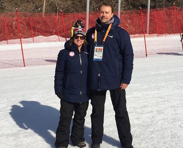 Professors Jamie Shapiro and Artur Poczwardowski pose for a photo at the 2018 Paralympic Winter Games in South Korea.