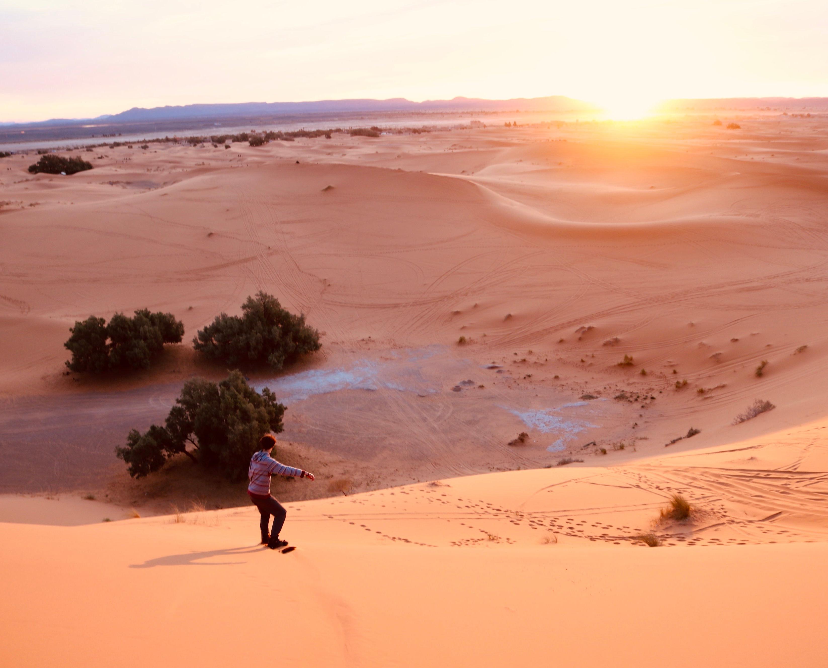 Photo by Rayna Rosenthal of a person looking out over an expanse of sand dunes at sunset.